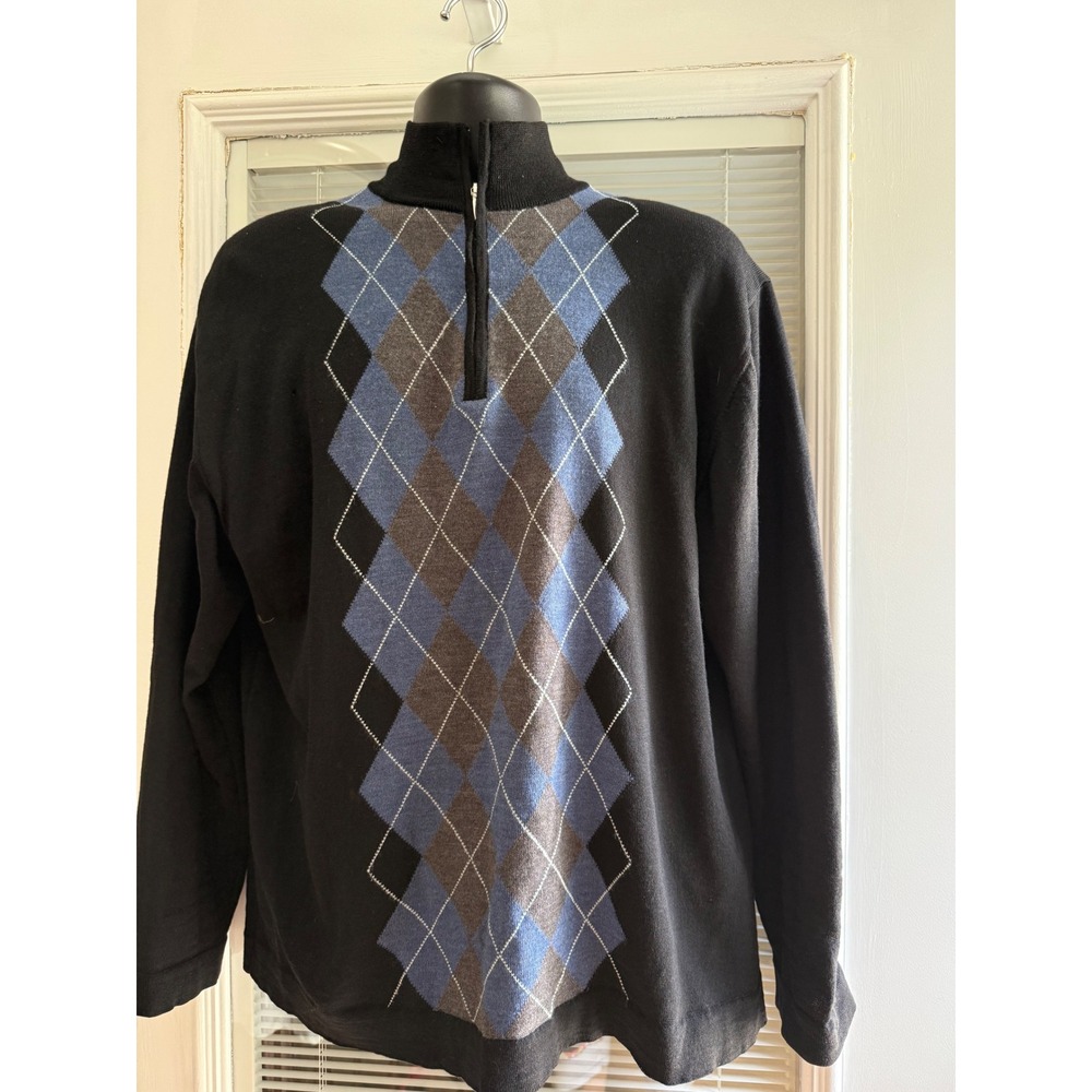 Marco Fiori Quarter Zip Sweater Mens XL Black Argyle Merino Wool Italy Excellent